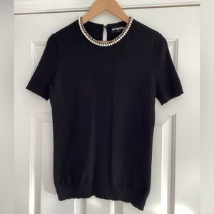 Karl Lagerfeld Pearls Embellished Ribbed Short Sleeve Top S